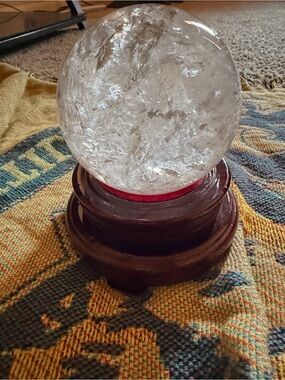 Clear Crystal Sphere on Brown Wooden Stand - Home Accents